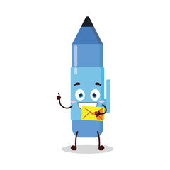 cute happy expression of blue pen cartoon character bring envelope letter