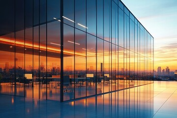 Modern Office Interior at Sunset with Glass Walls and Soft Lighting