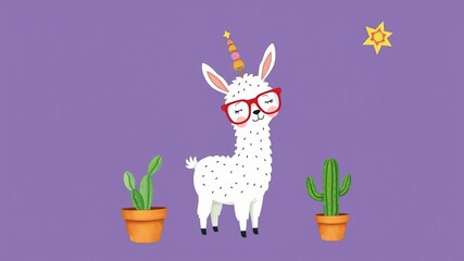 Hand drawn adorable card featuring a llama wearing glasses and a cactus with the phrase "llama not drama", cute, illustration