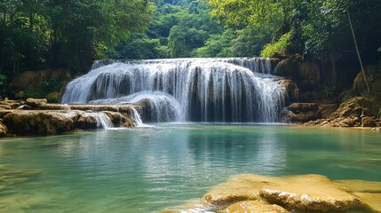 Serene waterfall cascading into a turquoise pool, surrounded by lush green rainforest.