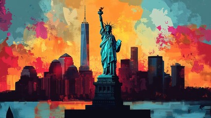 Fototapeta premium Statue of Liberty New York City Skyline Pop Art Illustration Sunset Modern Collage
