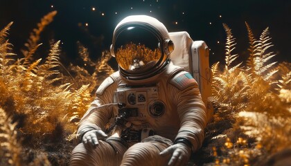 Astronaut in a Forest of Golden Ferns Surrounded by Ethereal Light