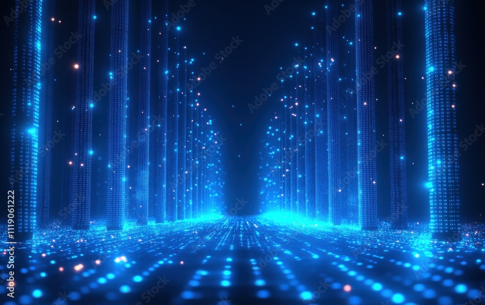 Poster abstract digital landscape with glowing blue data streams forming columns and a path, representing f