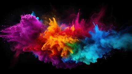 rainbow dust powder particles explosion, on black background for overlay