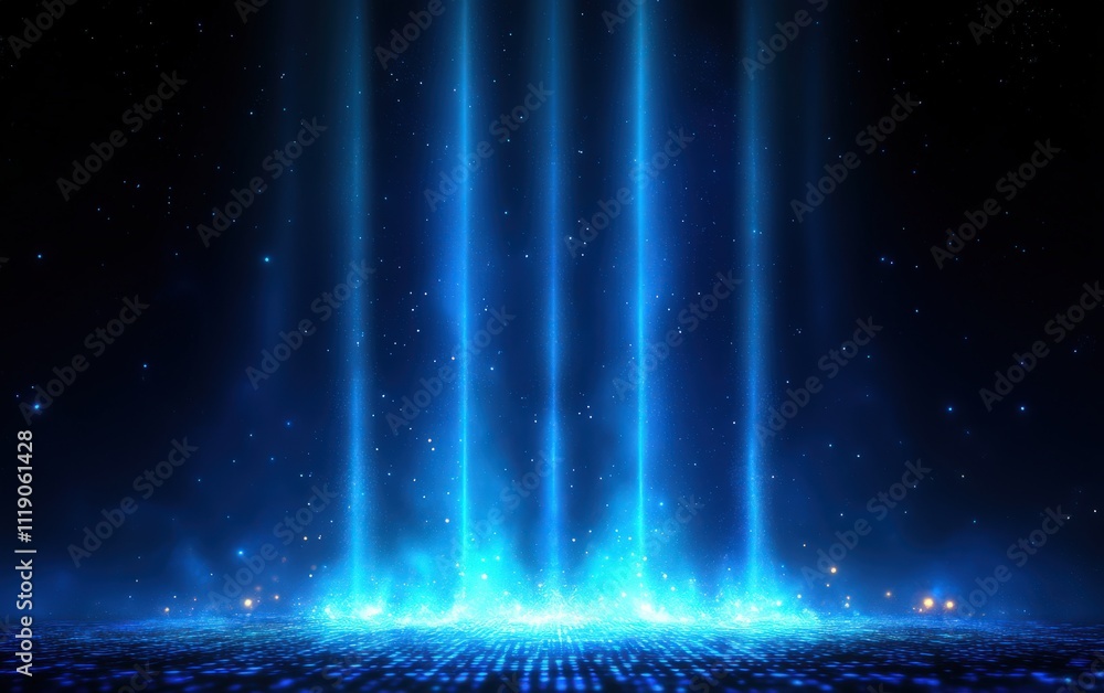 Poster abstract digital art background with glowing blue light beams, creating a futuristic and dynamic sce