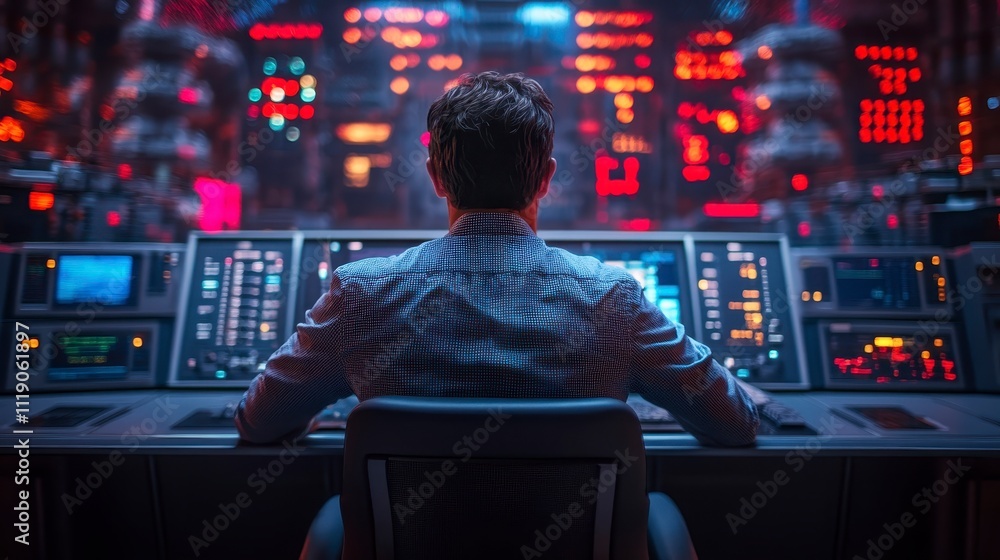 Poster man working in control room monitoring system technology data center screens cybersecurity network