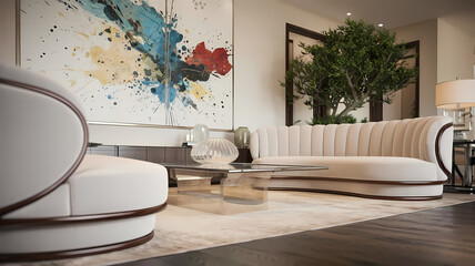 Contemporary living room features an off-white curved sofa and armchair with dark wood trim, a glass coffee table, and an abstract painting in blues, yellows, and reds.  The floor is dark hardwood.