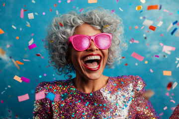 cheerful woman in a sequined jacket enjoys herself at a New Year party, dancing and laughing amidst a shower of sparkles and confetti. The scene features vibrant purple and cold colors, banner/web