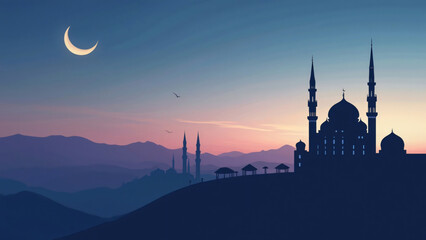 Fototapeta premium Islamic, Silhouette mosques on mountains and dusk sky with crescent moon, Ramadan Background, Eid al fitr Background