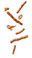 Falling Pretzel Sticks arranged in an eye-catching display, isolated on a white background with full depth of field and a transparent PNG format.