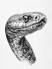 Detailed Black and White Illustration of a Snake's Head and Neck