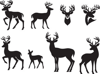 set of deer icon silhouette design vector art illustration