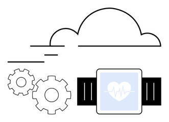 Large cloud, smartwatch with heartbeat icon, and two gears. Ideal for health technology, health data synchronization, cloud computing, smart devices, IoT, fitness tracking and digital