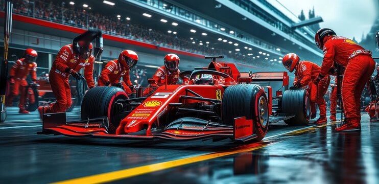Dynamic Formula 1 Pit Stop Scene with Teamwork in Action and Speed Emphasis