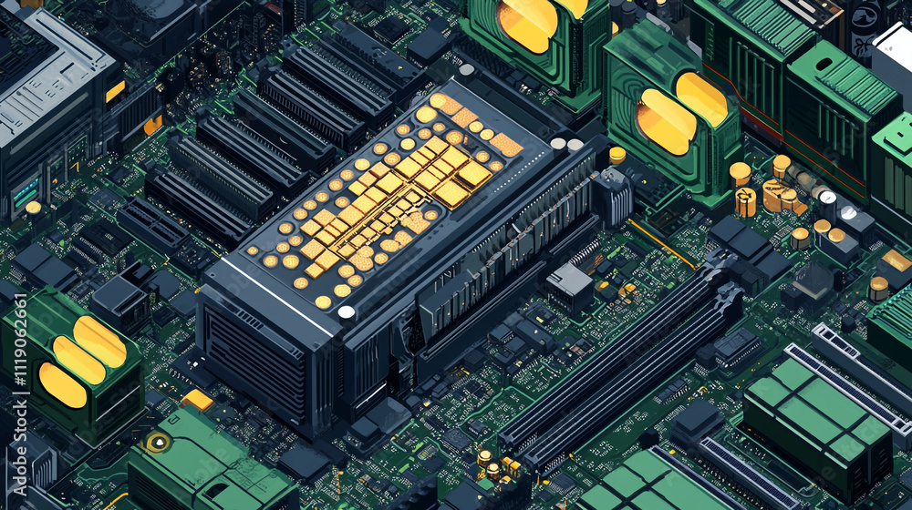 Poster colorful circuit board design showcasing intricate technology and components in detail