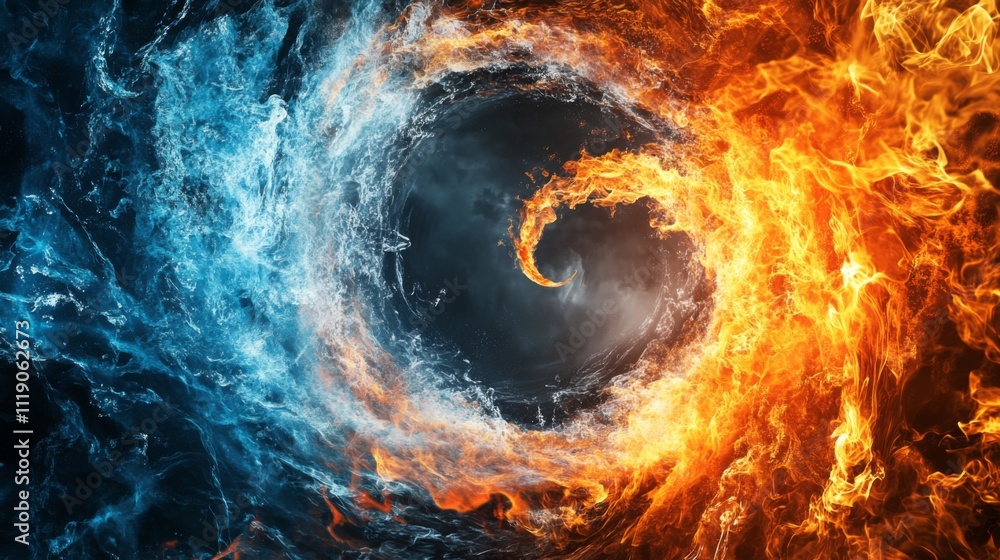 Fototapete Dynamic Elements of Fire and Water Creating a Spiraling Effect