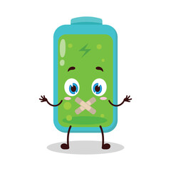 cute shut up expression of full battery cartoon character mouth closed with plaster