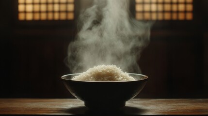 Steaming Bowl of Rice with Mystical Smoke in Dim Lighting