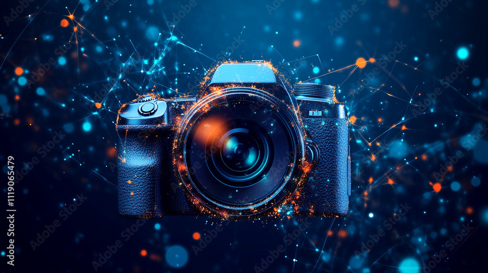 Poster modern camera surrounded by digital particles in a vibrant, abstract setting