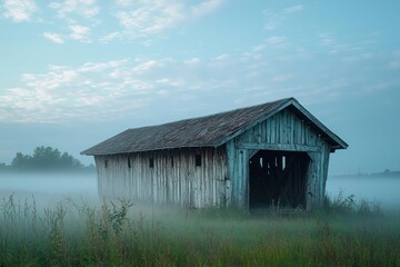 Obraz premium A weathered covered bridge in the middle a misty field, with morning fog surrounding it
