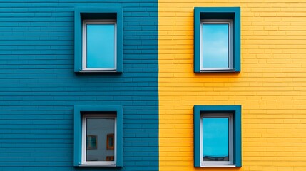 Fototapeta premium Blue and Yellow Brick Wall with Windows Modern Architecture Exterior Design
