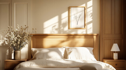 A serene bedroom scene featuring wooden bed with soft white bedding, complemented by decorative vase of flowers and gentle sunlight casting shadows on wall