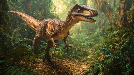 A velociraptor wandering through a dense forest, evoking the mysteries the late Cretaceous period.