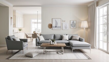 Interior design of modern scandinavian apartment, living room 3d rendering