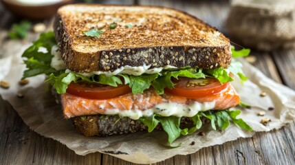 Fresh Salmon Sandwich with Lettuce and Tomato on Rustic Bread