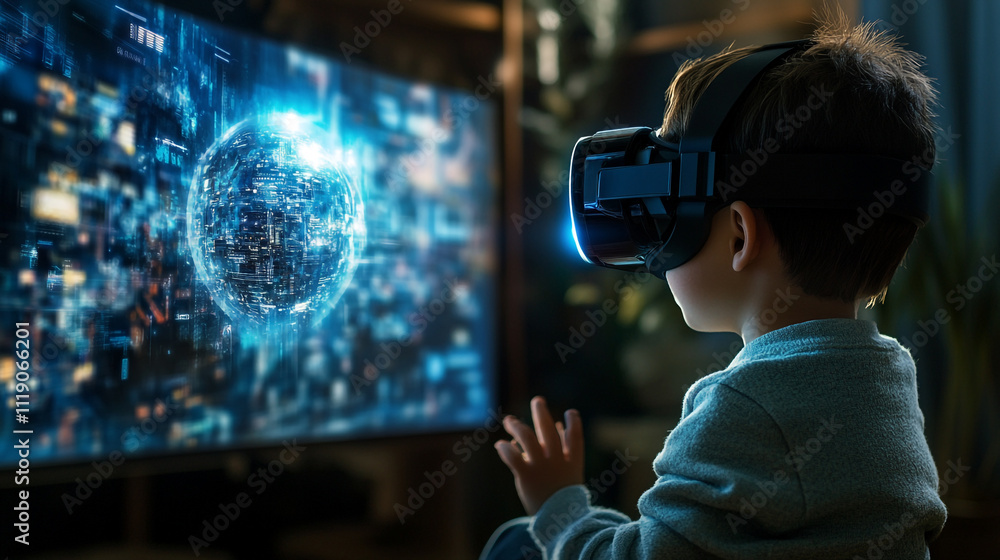 Poster child enjoys immersive virtual reality experience at home while interacting with digital world