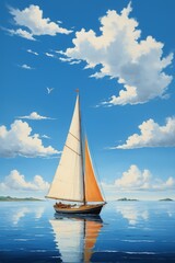 Fototapeta premium painting of a sailboat floating on a calm lake under a cloudy sky