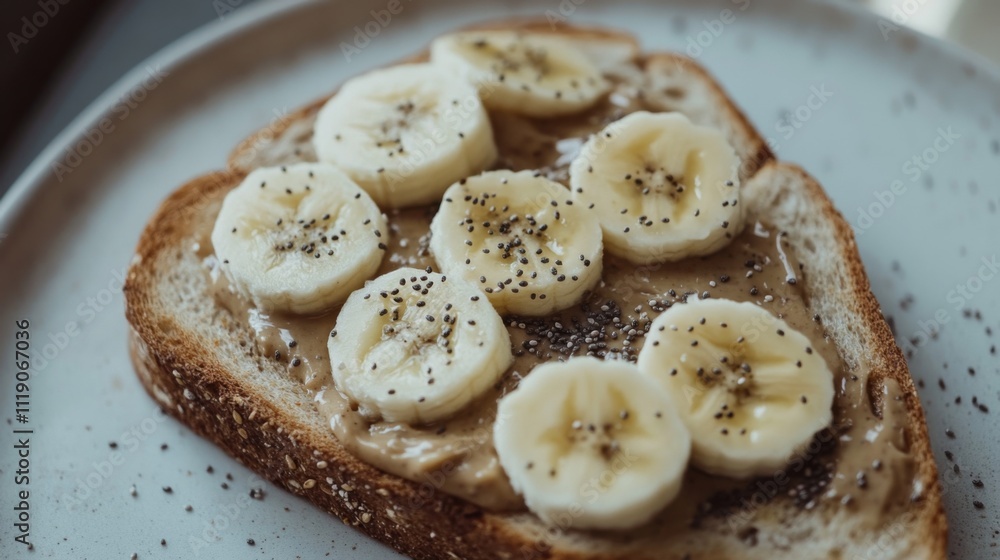 Poster sliced banana on creamy peanut butter toast on wooden table