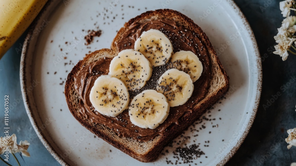 Poster Heart-Shaped Toast with Banana Slices and Chocolate Spread