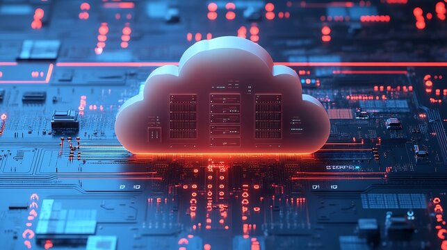 Futuristic Digital Cloud Computing Data Center with Glowing Circuits and Servers