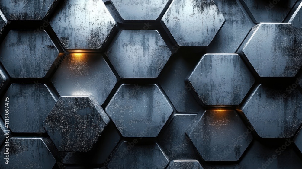 Aufkleber hyper-realistic hexagonal metal wall background with textured gray elements and soft ambient light