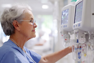 Obraz premium Experienced nurse monitoring patient vitals in hospital setting, showcasing dedication and professionalism. scene reflects calm and focused atmosphere in healthcare