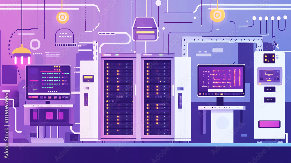 Poster modern data center with servers and technology in a digital environment