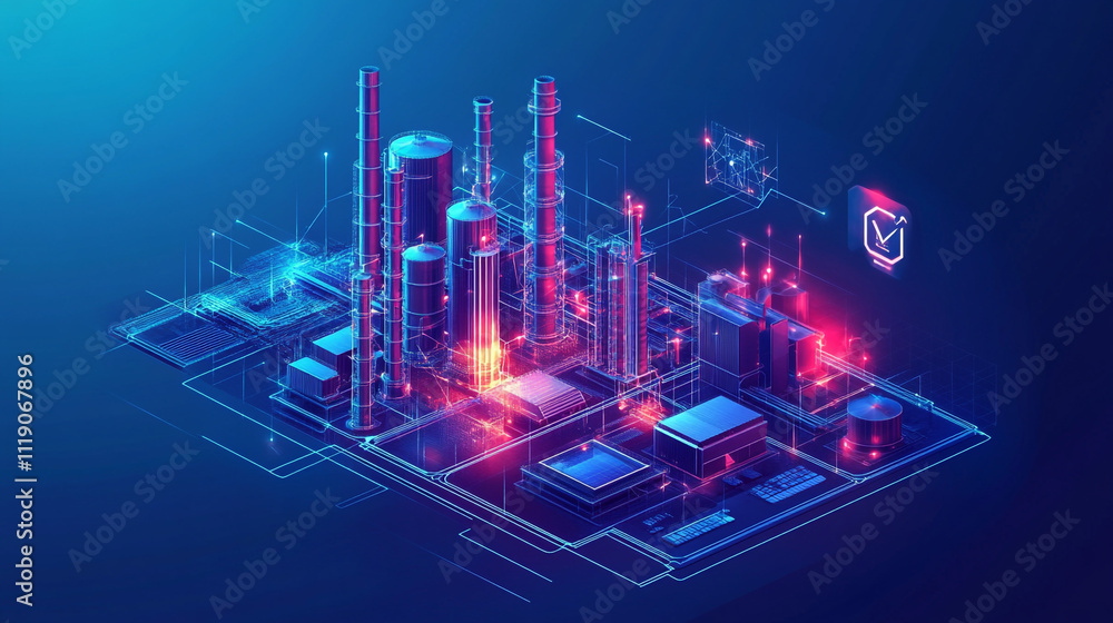 Poster virtual representation of industrial facility with advanced technology and data visualization