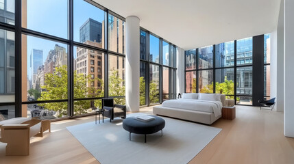Fototapeta premium A modern bedroom with large windows showcasing city view, featuring minimalist design, natural light, and stylish furniture. serene atmosphere invites relaxation and comfort