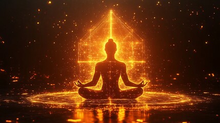 Ethereal Meditation Silhouette in Glowing Energy Field Representing Spiritual Enlightenment and Transcendence