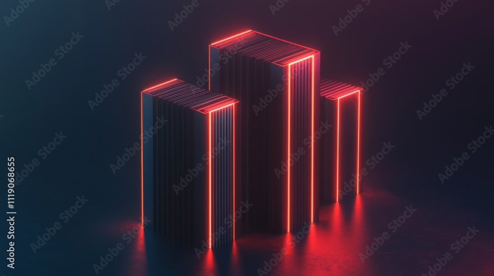 Poster Neon Lighted Buildings with Glowing Edges in Abstract Design