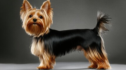 Adorable yorkshire terrier with silky coat and alert expression