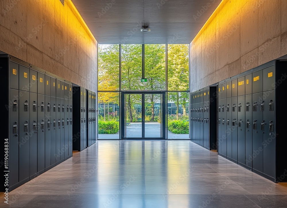 Poster modern minimalist hallway with rows of dark lockers and large windows overlooking a tranquil garden.