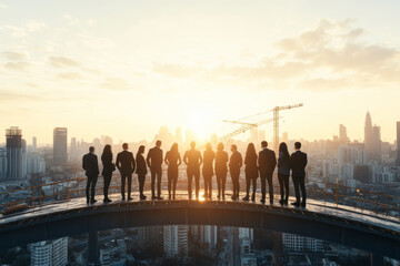 image captures group of professionals silhouetted against stunning sunset, standing on construction site with city skyline in background. scene conveys sense of ambition and teamwork