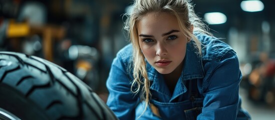 A young woman wearing a denim jumpsuit leans forward with a serious expression, looking directly at the viewer. The back tire of a motorcycle is in the foreground.