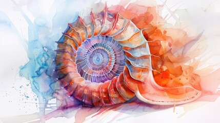 Fibonacci Day Colorful nautilus shell in watercolor art