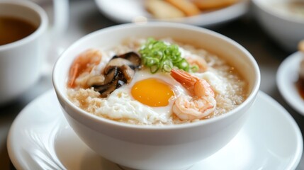 Delicious Bowl of Rice Porridge with Shrimp and Egg Garnish