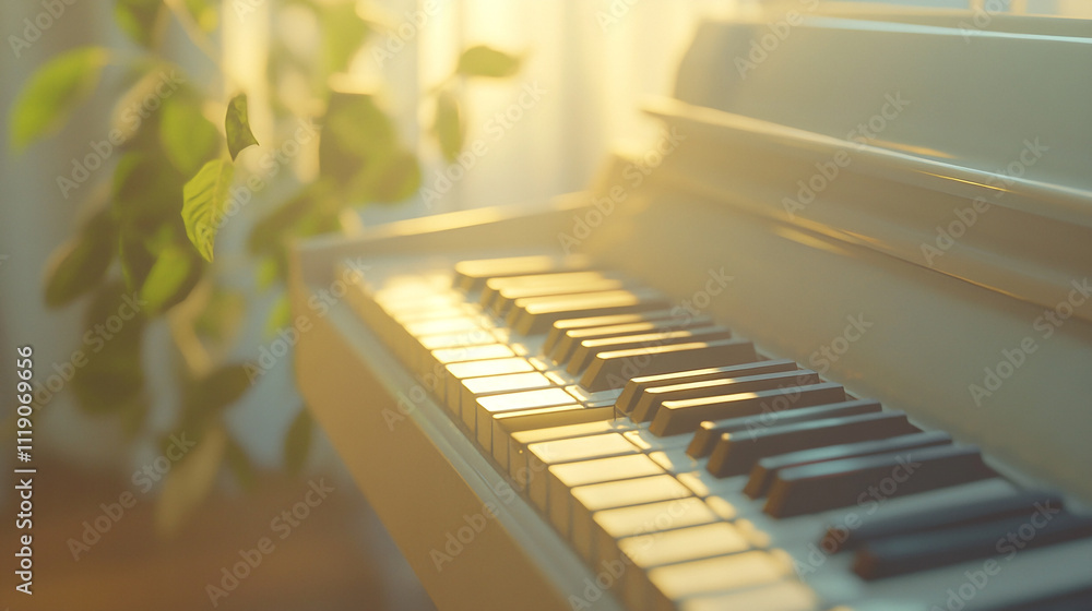 Poster light streaming through the window onto a piano, creating a warm and inviting atmosphere