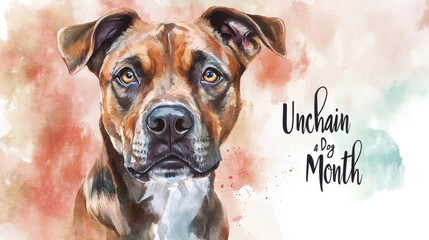 Unchain a Dog Month Portrait of a brown dog with text promoting unchain a dog month