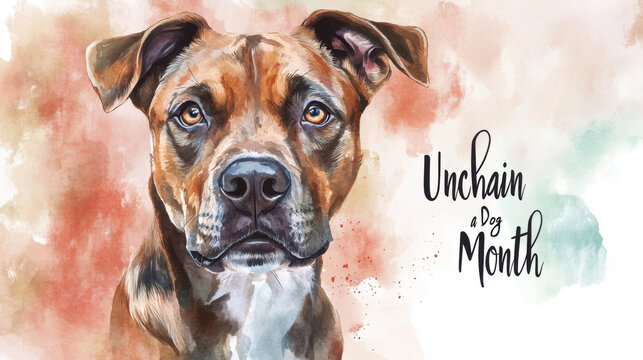Unchain a Dog Month Portrait of a brown dog with text promoting unchain a dog month
